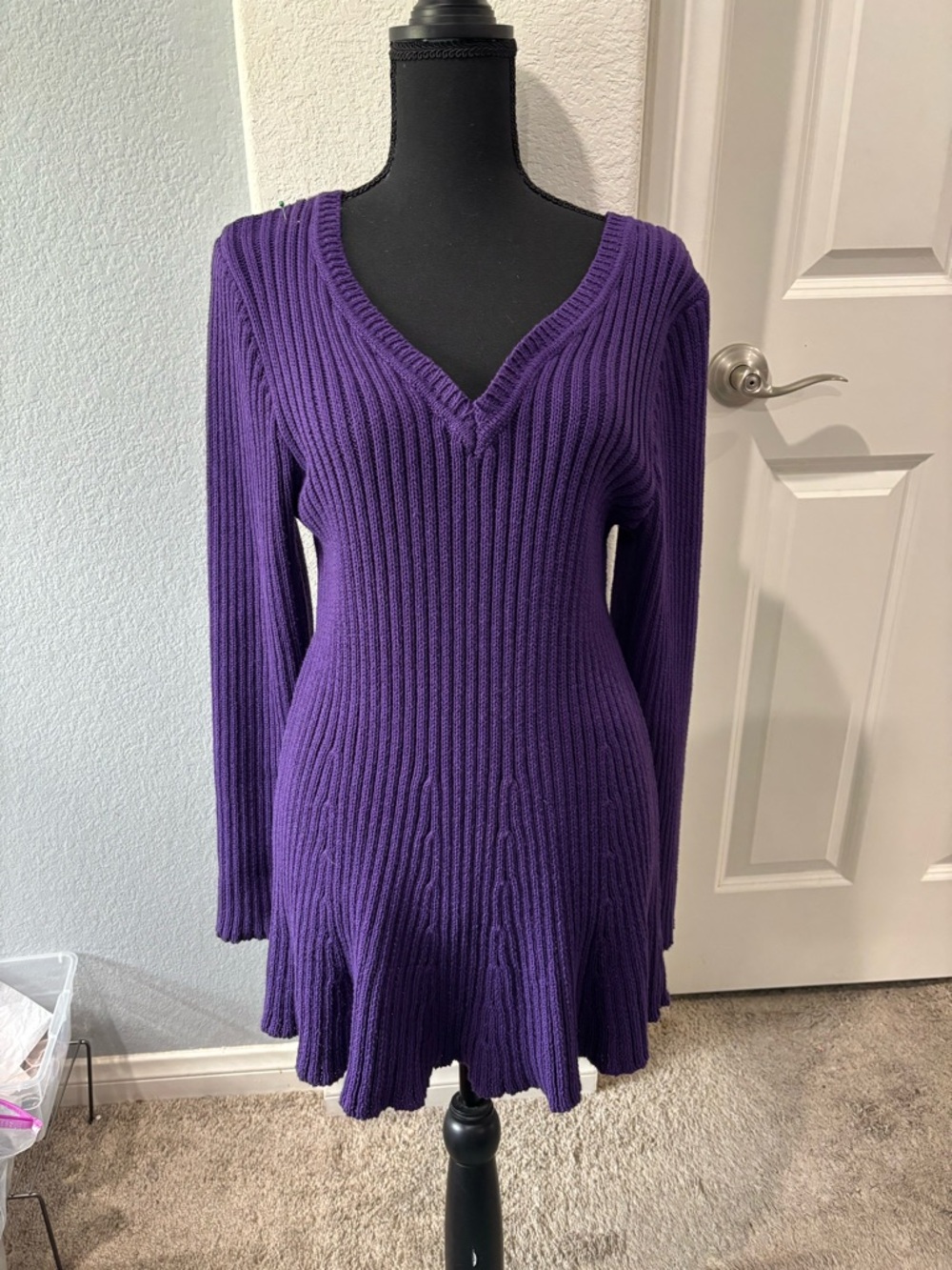 Purple Ribbed V-Neck Sweater
